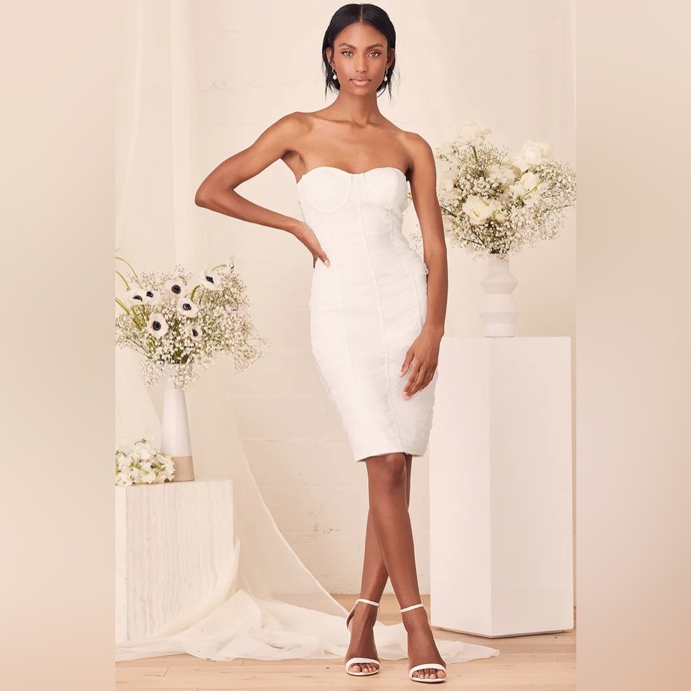 Lulu's 'Give Your Attention White Polka Dot Ruched Bustier Dress'